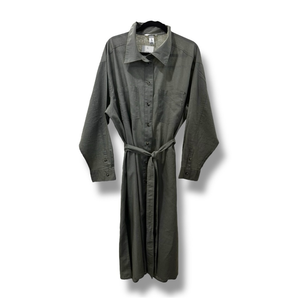 🌿 H&M Linen Blend Sage Green Shirt Dress – Size XL NEW